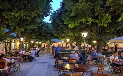 Typical friendly beergarden in Linz.  A great atmosphere for a leisurely dinner. (submitted by Oldcoupleinlove)