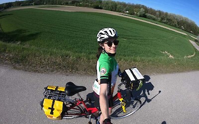 Bike set up: 2 back bags, one front. Bring your own shirt, shorts, helmet, and gloves! (submitted by Traveling Jackie)