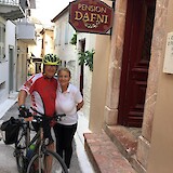 Fred, being welcomed by our hostess in Nafplio.  All our hosts and hostesses were very friendly and helpful. (photo by Pedalann)