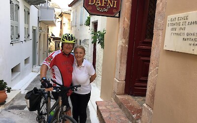 Fred, being welcomed by our hostess in Nafplio. All our hosts and hostesses were very friendly and helpful. (submitted by Pedalann)