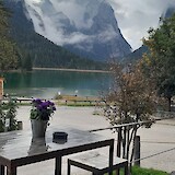 Coffee stop at Lago di Dobbiaco leaving Toblach (Sud Tyrol) to Cortina (Dolomites) (photo by Russ Gibfried)