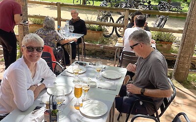 Day 1 outside Girona, lunch stop of  fresh fish and cold  beer! (submitted by Colleen Petters)