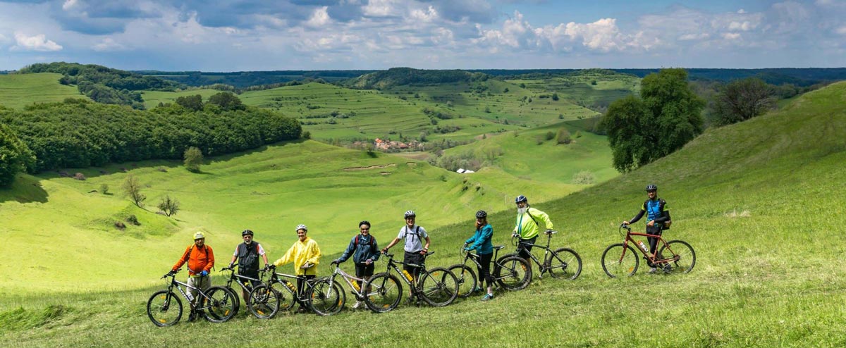 Landscape photo with bike touring group.