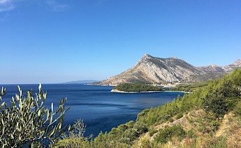 A scenic view of the Dalmatian Coast in Croatia, featuring a mountain in the background, a deep blue sea, and lush greenery along the shoreline.