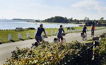 A group of people cycling on a path along a scenic coastline, with grassy areas and trees lining the route in Zealand, Denmark.