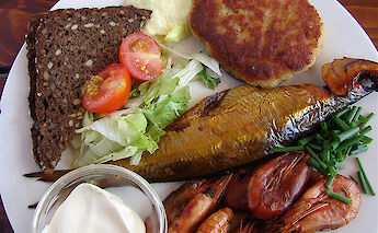 Typical Danish lunch with fishcake, smoked herring & prawns. CC:Orf3us