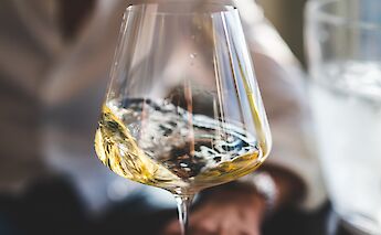 A close-up of a wine glass with swirling white wine, against a blurred background.