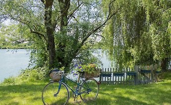 Bicycle parked by a lake, Via Rhona. Unsplash:Free Nomad