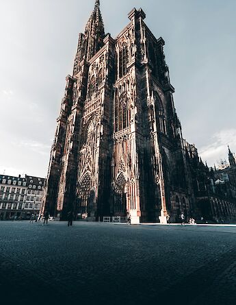 The Strasbourg Cathedral in France, showcasing its ornate Gothic architecture under a clear sky.