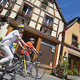 Cyclists riding past half-timbered houses in a village along the Alsace Wine Route.