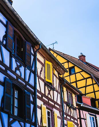 Colorful half-timbered houses with blue and yellow shutters in Colmar, France, under a clear blue sky.