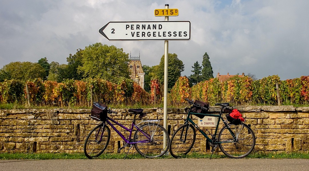 Two touring bikes leaning against a wall beside a Burgundy vineyard in fall