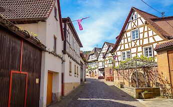 Blue skies above half-timbered houses, Strasbourg to Mainz. CC:TO