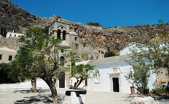 Main square with Byzantine Church of Christ Elkomenos in Monemvasia, Laconia, Peloponnese, Greece. CC:Chris Kar