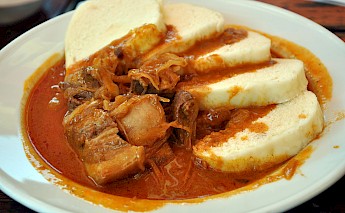 Pork goulash in Hungary. CC:Rkolarsky