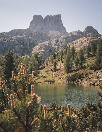 A scenic view of rocky mountains and a small lake in Cortina d'Ampezzo, Italy, with trees in the foreground.