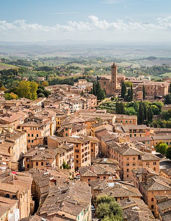 A view of Siena, Italy, featuring historic buildings with terracotta roofs and lush green hills in the distance.