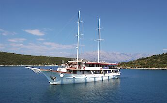 A large white ship named Harmonia on open water with a hillside and mountains in the background.