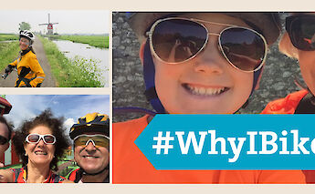 Cyclists enjoying a bike tour and posing for photos, including a backdrop with a windmill. The…
