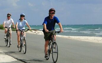 Cyclists riding along a coastal road with the ocean and blue sky in the background.