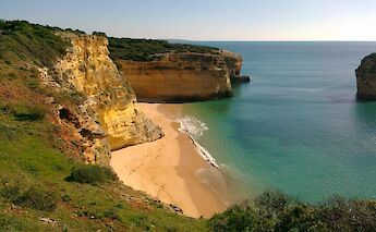 A secluded beach with golden sand and dramatic cliffs overlooks the clear blue ocean under a sunny…