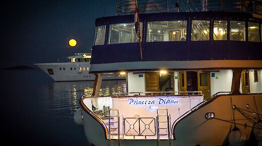 The stern of the "Princeza Diana" is illuminated at night with another vessel and a full moon in the background.