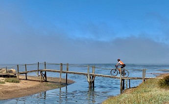 A cyclist crossing a small wooden bridge over water, with a clear blue sky.