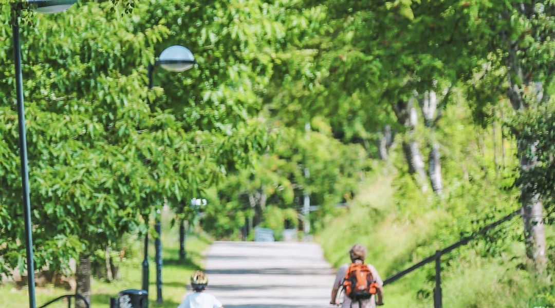 Family bike ride through a park, Zagreb, Croatia. Unsplash:Yiwen