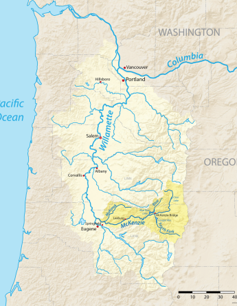 Willamette River basin map with McKenzie River highlighted. CC:Shannon1
