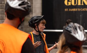 Tour guide giving commentary, Dublin, Ireland. CC:Lazy Bike Tours
