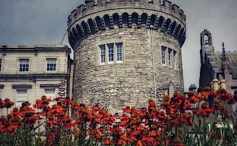 Dublin castle, surrounded by vivid red flowers. Unsplash:Jeremy Matteo