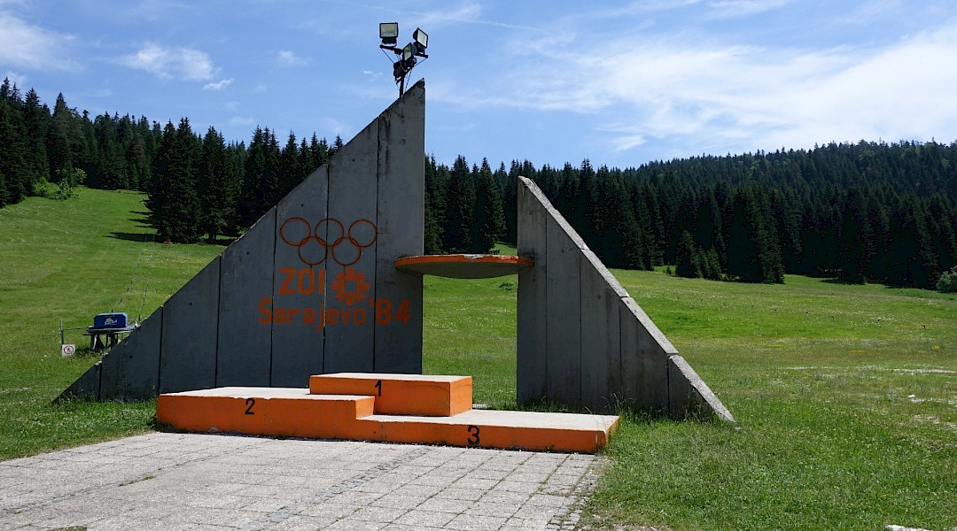 Sarajevo Winter Olympics ski jump medal podium. Flickr:David Jones