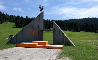 Sarajevo Winter Olympics ski jump medal podium. Flickr:David Jones