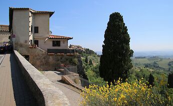 A scenic view of Chianti, Tuscany, featuring a hillside with a stone house, a tall cypress tree, and expansive landscape.