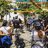 Listening to the tour guide, Lisbon. Lisbon Cycle Tours