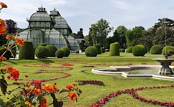 Green trees and red flowers at Palmenhaus, Schonbrunn, Vienna. Unsplash:Angie Ca Ro