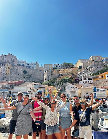 Group pic at the marina, Marseille e-bike tour, France. CC:TO