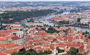 View of Mala Strana and Vltava river from Petrin lookout tower, Prague. Jakub Halun@CC