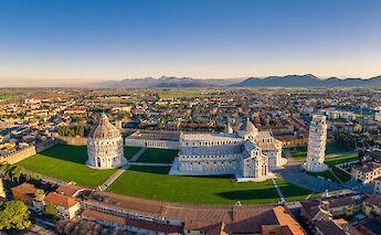 Aerial view of Piazza dei Miracoli, formally known as Piazza del Duomo, Pisa. Guglielmo…