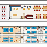 A schematic layout of a two-deck boat showing various rooms and a sun deck area. The top deck includes seating and dining areas, while the lower deck shows a series of cabins with beds.