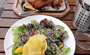 salad and Czech roast pork knee, Prague, Czech Republic. Smlhd1993@cc