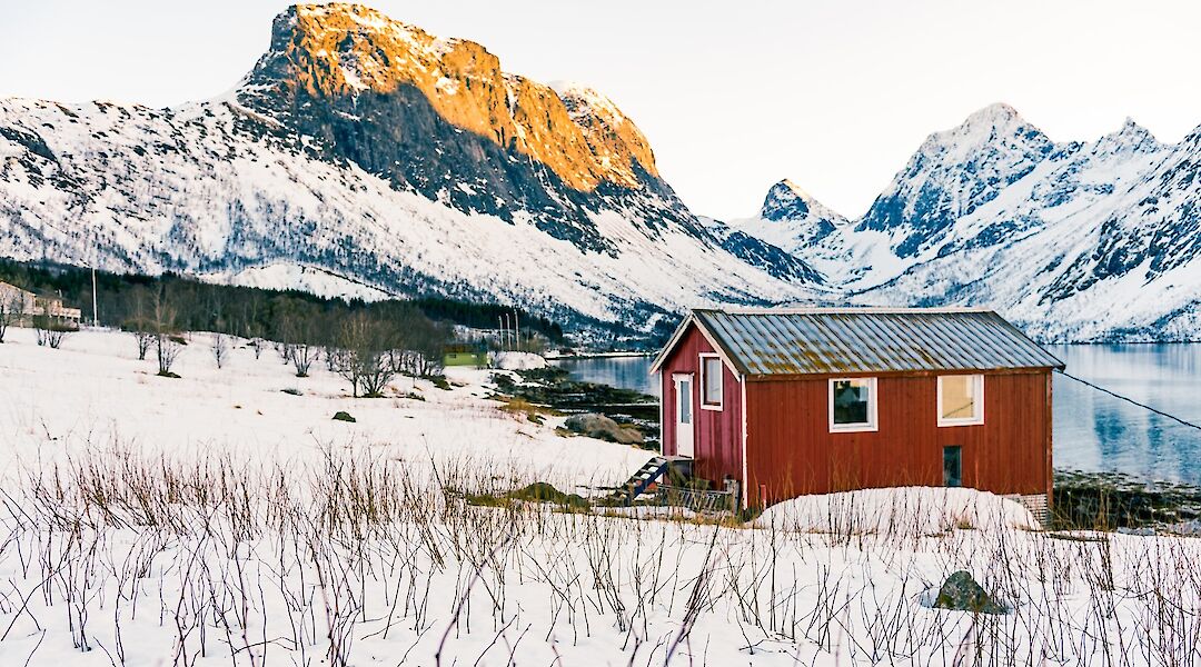 Red cabin on an Arctic Landscape, Tromso, Norway. Ludovic Charlet@Unsplash