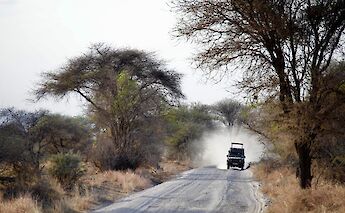 A jeep driving along a dusty dirt road lined with trees in Arusha, Tanzania.