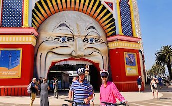 Posing on bikes at Luna Park St Kilda, Melbourne, Australia