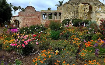 Flowers blooming in the garden at Mission San Juan, San Antonio, Texas, USA. CC:Codera23