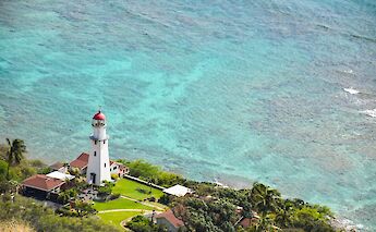 Trees, A lighthouse, and the clear ocean waters, Honolulu, Hawaii, USA. Look Up Look Down Photography@Unsplash