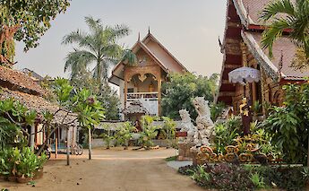 Bicycles parked in a courtyard at Wat Mahawan in Chiang Mai, Thailand, with traditional architecture and lush greenery.