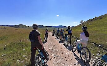 Briefing stop, dirt path by the mountains, Sinjajevina, Zabljak, Montenegro. Durmitor Adventure Tours