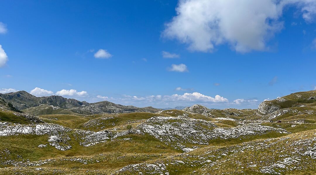 blue skies and white clouds over the hilly terrain of Zabljak, Montenegro. Ilse@Unsplash