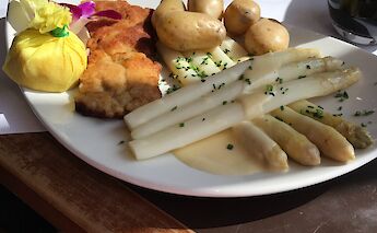 Schnitzel & spargel are German favorites! CC:Roland Tanglao